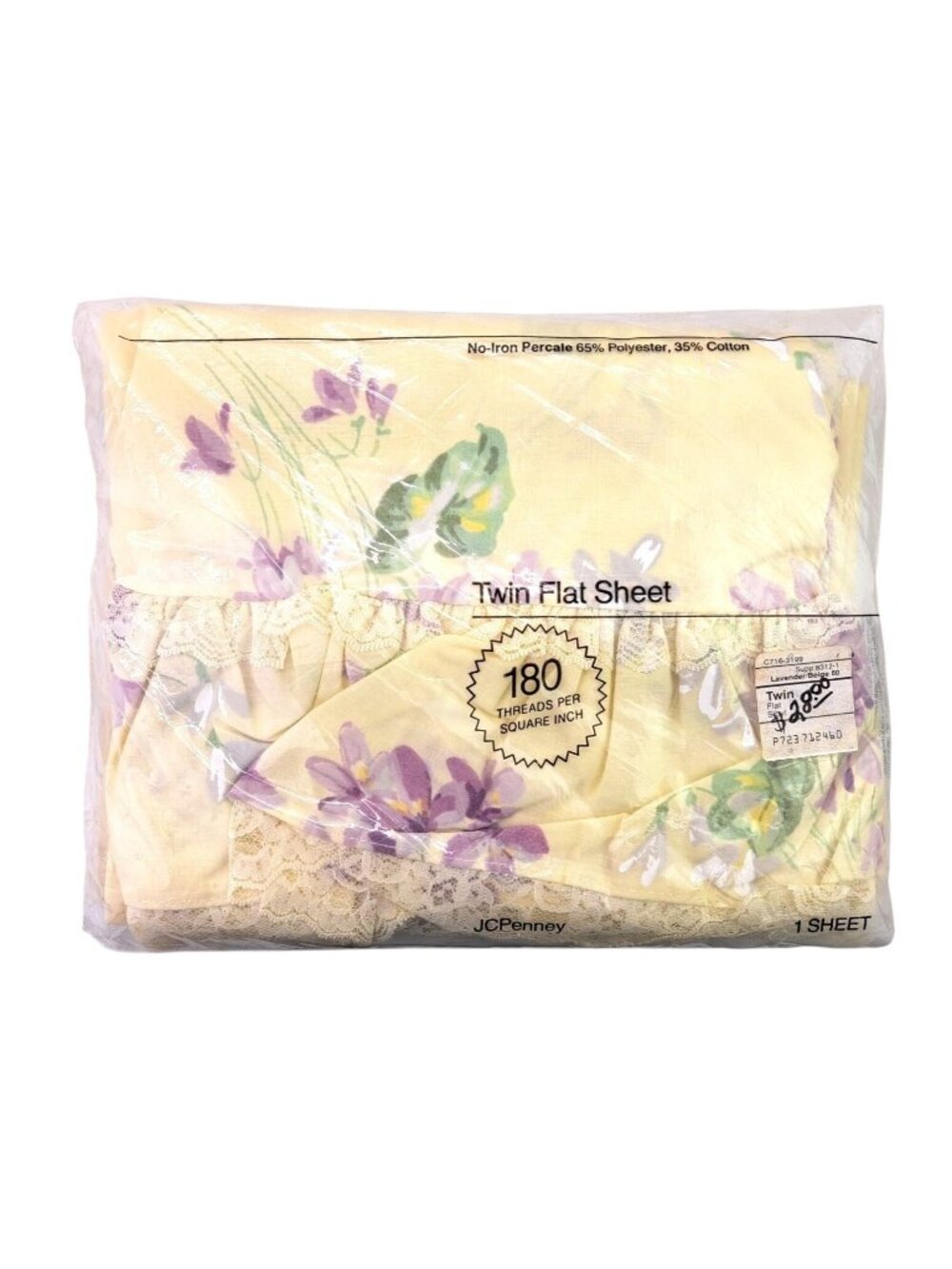 Vintage JC Penney Twin Flat Sheet Sibyl Lavender Beige Floral Lace No-Iron 66x96